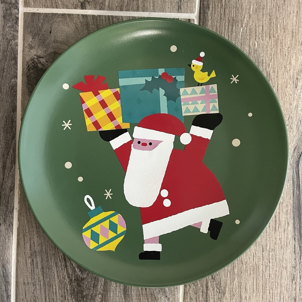 Target Santa Appetizer Plate Milk‎ And Cookies 8.5" Green Yiffy Gu Stoneware